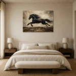 Black Running Stallion Horse Wall Art Canvas Print showcased in an elegant minimalist interior