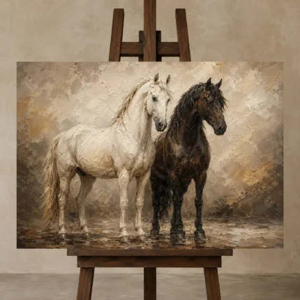 Sunlit Stable Horse Wall Art Canvas Print displayed on a studio easel