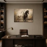 Sunlit Stable Horse Wall Art Canvas Print displayed in a contemporary gallery-inspired room