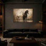 Sunlit Stable Horse Wall Art Canvas Print shown in a warm modern interior