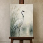 Elegant Crane Bird Wall Art Canvas Print displayed on a studio easel