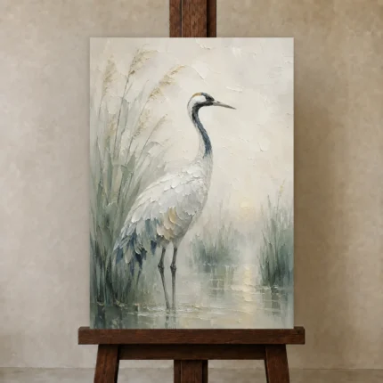 Elegant Crane Bird Wall Art Canvas Print shown in Studio Easel