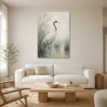 Elegant Crane Bird Wall Art Canvas Print styled in a refined neutral interior