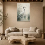 Elegant Crane Bird Wall Art Canvas Print presented in a sophisticated home setting