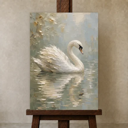 White Swan Bird Wall Art Canvas Print shown in Studio Easel