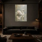 White Swan Bird Wall Art Canvas Print shown in a warm modern interior