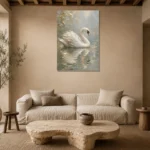 White Swan Bird Wall Art Canvas Print presented in a sophisticated home setting