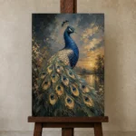 Regal Peacock Bird Wall Art Canvas Print displayed on a studio easel