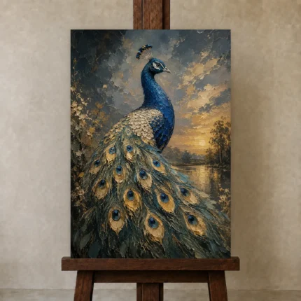 Regal Peacock Bird Wall Art Canvas Print shown in Studio Easel
