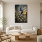 Regal Peacock Bird Wall Art Canvas Print styled in a refined neutral interior