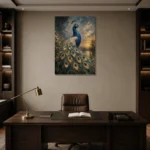 Regal Peacock Bird Wall Art Canvas Print displayed in a contemporary gallery-inspired room