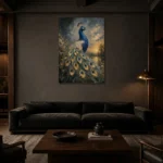 Regal Peacock Bird Wall Art Canvas Print shown in a warm modern interior