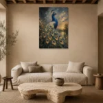 Regal Peacock Bird Wall Art Canvas Print presented in a sophisticated home setting
