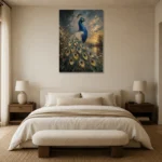 Regal Peacock Bird Wall Art Canvas Print showcased in an elegant minimalist interior
