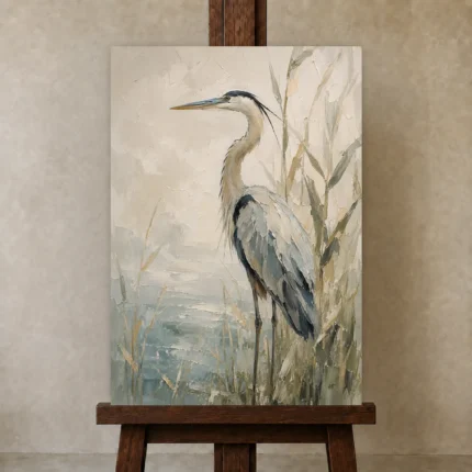 Blue Heron Bird Wall Art Canvas Print shown in Studio Easel