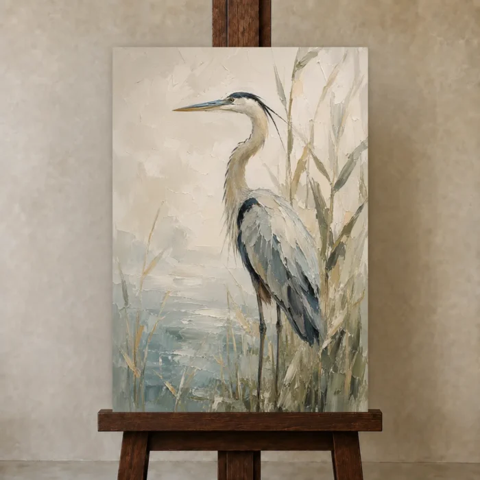Blue Heron Bird Wall Art Canvas Print displayed on a studio easel