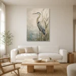 Blue Heron Bird Wall Art Canvas Print styled in a refined neutral interior