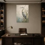 Blue Heron Bird Wall Art Canvas Print displayed in a contemporary gallery-inspired room