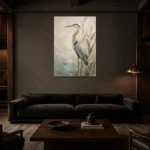 Blue Heron Bird Wall Art Canvas Print shown in a warm modern interior