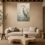 Blue Heron Bird Wall Art Canvas Print presented in a sophisticated home setting
