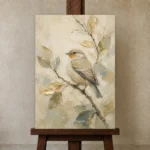 Golden Songbird Bird Wall Art Canvas Print displayed on a studio easel