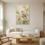 Golden Songbird Bird Wall Art Canvas Print styled in a refined neutral interior