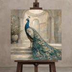 Courtyard Peacock Bird Wall Art Canvas Print displayed on a studio easel