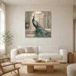 Courtyard Peacock Bird Wall Art Canvas Print styled in a refined neutral interior