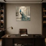 Courtyard Peacock Bird Wall Art Canvas Print displayed in a contemporary gallery-inspired room
