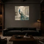 Courtyard Peacock Bird Wall Art Canvas Print shown in a warm modern interior