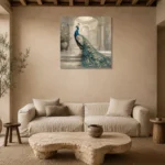 Courtyard Peacock Bird Wall Art Canvas Print presented in a sophisticated home setting