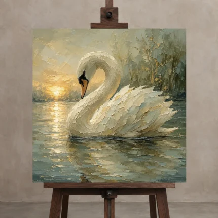 Sunset Swan Bird Wall Art Canvas Print displayed on a studio easel