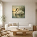 Sunset Swan Bird Wall Art Canvas Print styled in a refined neutral interior