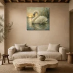 Sunset Swan Bird Wall Art Canvas Print presented in a sophisticated home setting