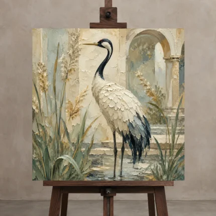 Red Crowned Crane Bird Wall Art Canvas Print displayed on a studio easel