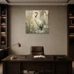 Red Crowned Crane Bird Wall Art Canvas Print displayed in a contemporary gallery-inspired room