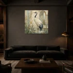 Red Crowned Crane Bird Wall Art Canvas Print shown in a warm modern interior