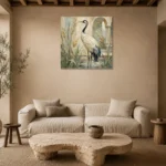 Red Crowned Crane Bird Wall Art Canvas Print presented in a sophisticated home setting