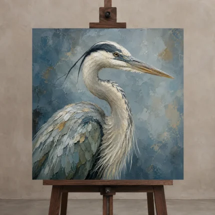 Blue Heron Portrait Bird Wall Art Canvas Print shown in Studio Easel
