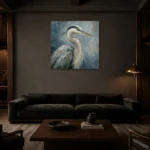 Blue Heron Portrait Bird Wall Art Canvas Print shown in a warm modern interior