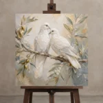 White Doves Bird Wall Art Canvas Print displayed on a studio easel