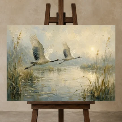Flying Cranes Bird Wall Art Canvas Print shown in Studio Easel