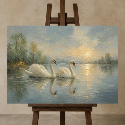 Twin Swans Bird Wall Art Canvas Print displayed on a studio easel