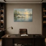 Twin Swans Bird Wall Art Canvas Print displayed in a contemporary gallery-inspired room