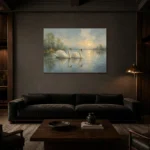 Twin Swans Bird Wall Art Canvas Print shown in a warm modern interior