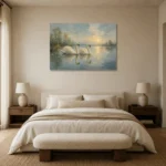 Twin Swans Bird Wall Art Canvas Print showcased in an elegant minimalist interior