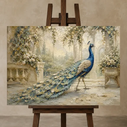 Garden Peacock Bird Wall Art Canvas Print shown in Studio Easel