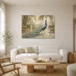 Garden Peacock Bird Wall Art Canvas Print styled in a refined neutral interior