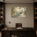 Garden Peacock Bird Wall Art Canvas Print displayed in a contemporary gallery-inspired room