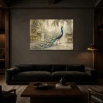 Garden Peacock Bird Wall Art Canvas Print shown in a warm modern interior